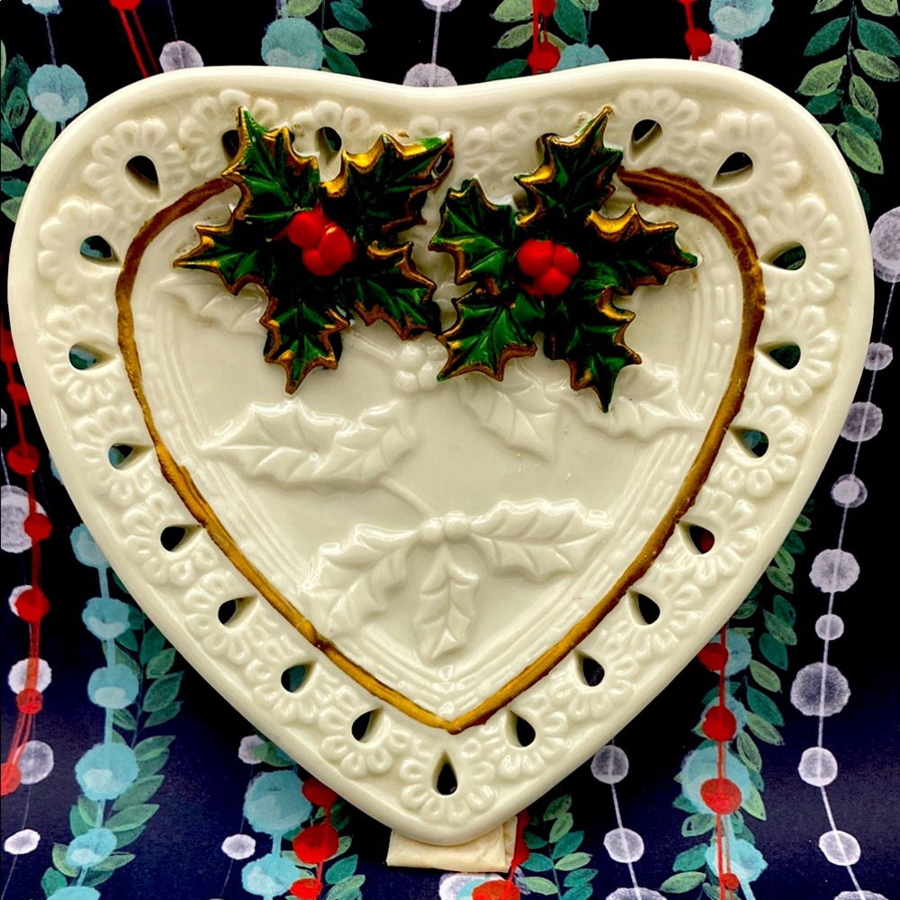 Vintage Reticulated Heart-Shaped Christmas Embossed Holiday Plate Holly Design